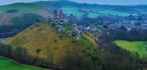 aerial photo of Corfe Castle