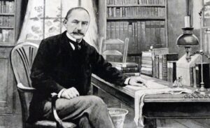 illustration of Thomas Hardy at his writing desk
