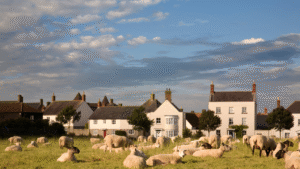 photo of sheep and houses in Poundbury UK