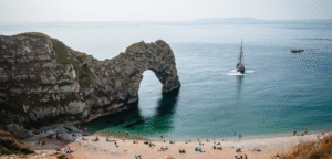 photo of tall ship at Durdle Dor on the Jurassic Coast in Dorset